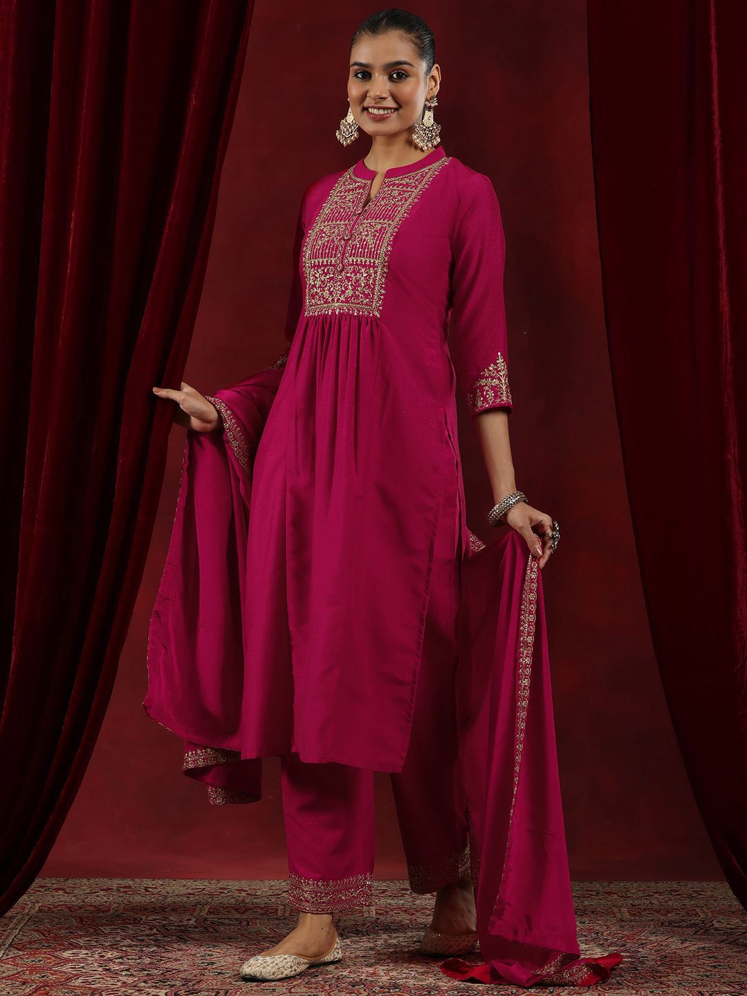Libas Pink Floral Yoke Design Mandarin Collar Dobby Weave Kurta with Trousers & Dupatta