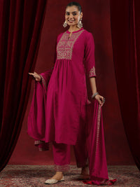 Libas Pink Floral Yoke Design Mandarin Collar Dobby Weave Kurta with Trousers & Dupatta