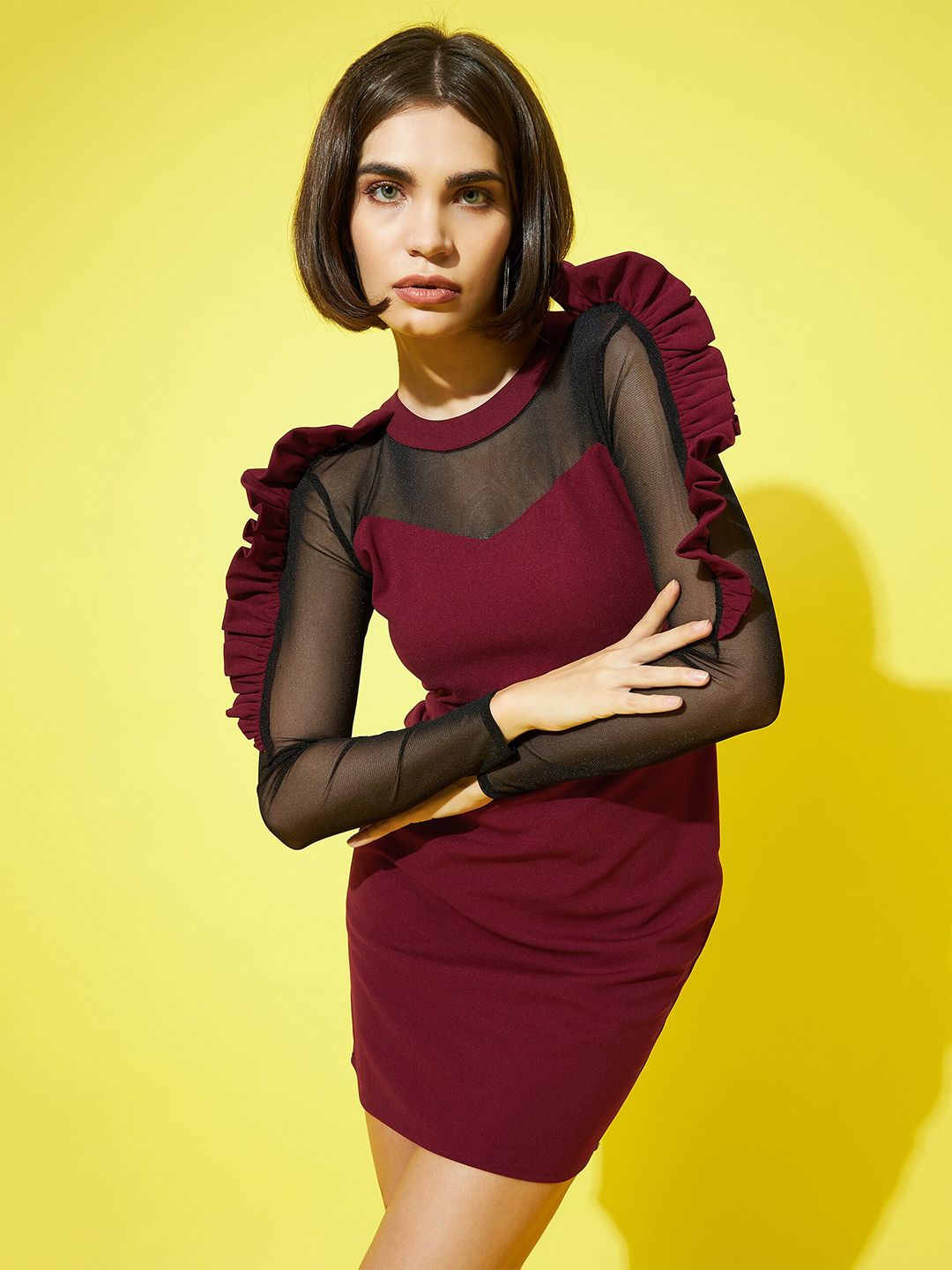 Athena Women Burgundy & Black Bodycon Mock Neck Mini Dress