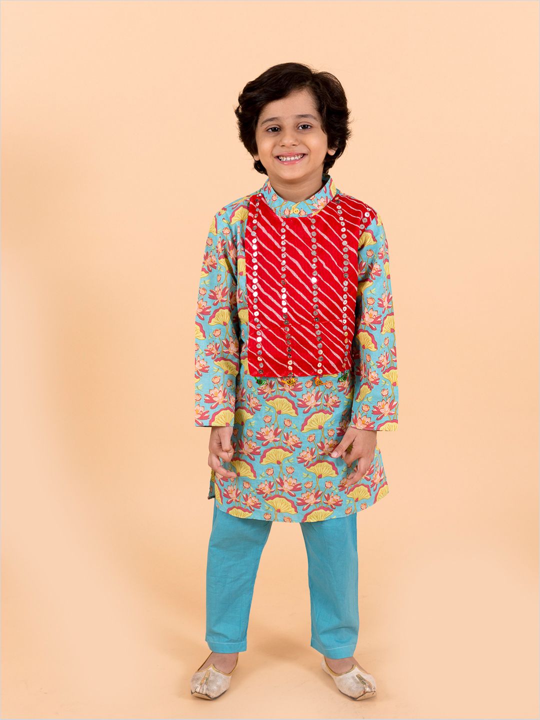 Pspeaches Boys Sea Green Printed Kurta with Pyjama Set