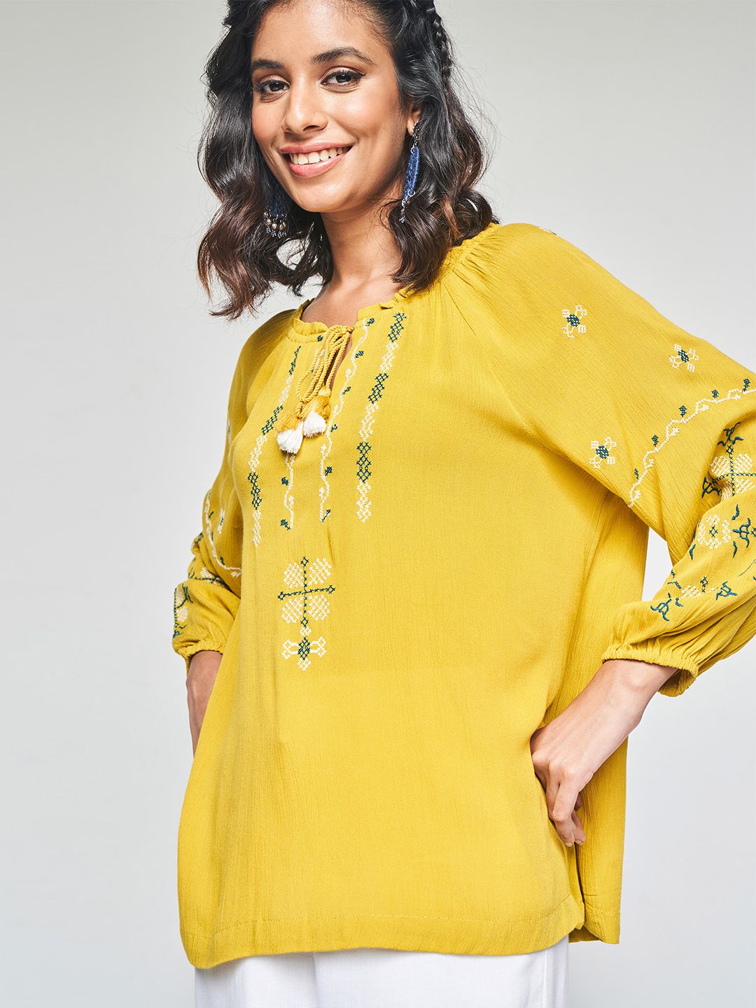 Global Desi Geometric Embroidered Tie-Up Neck Top