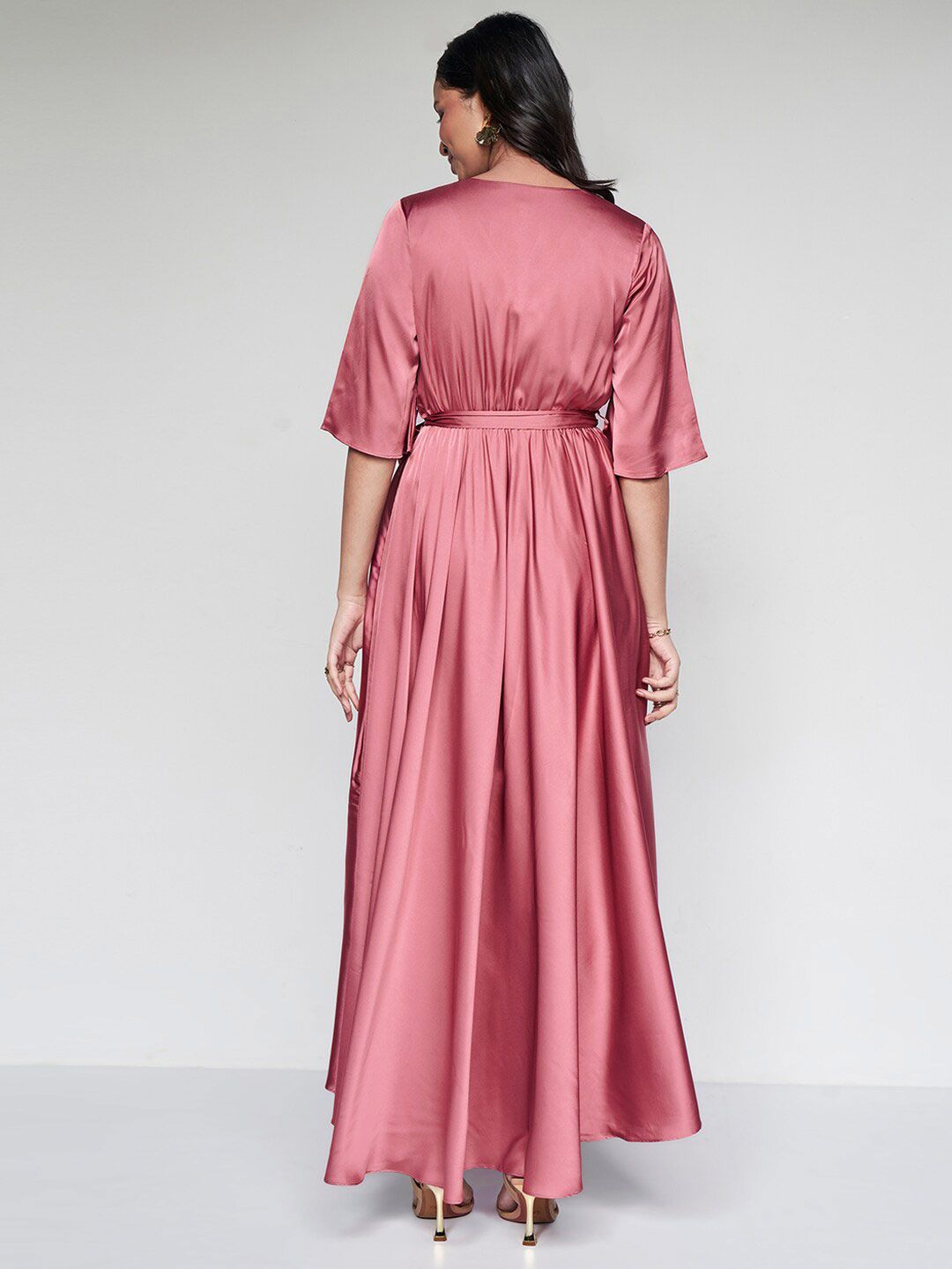 AND Flared Sleeves Belted Pleated Midi Wrap Dress