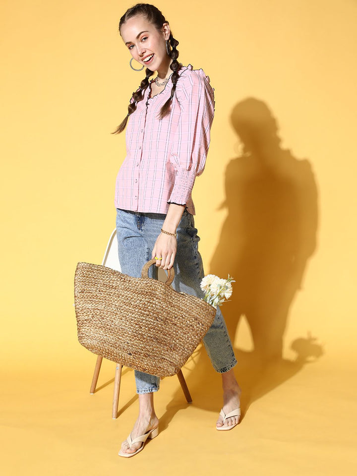 Antheaa Women Pure Cotton Pretty Pink Checked Summer Gingham Top