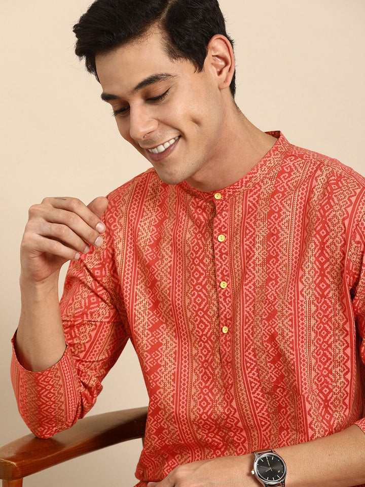 Anouk Men Orange & Gold-Toned Ethnic Motifs Printed Pure Cotton Kurta