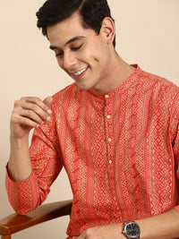 Anouk Men Orange & Gold-Toned Ethnic Motifs Printed Pure Cotton Kurta