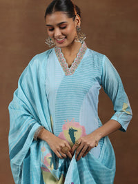 Libas Floral Printed Zari V-Neck Straight Kurta With Trouser & Dupatta