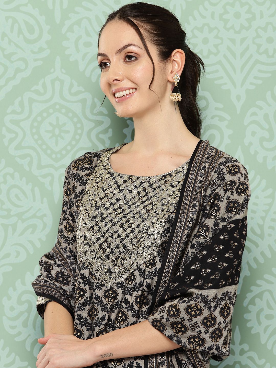 Libas Ethnic Motifs Printed Thread Work Detail Straight Kurta with Trousers & Dupatta