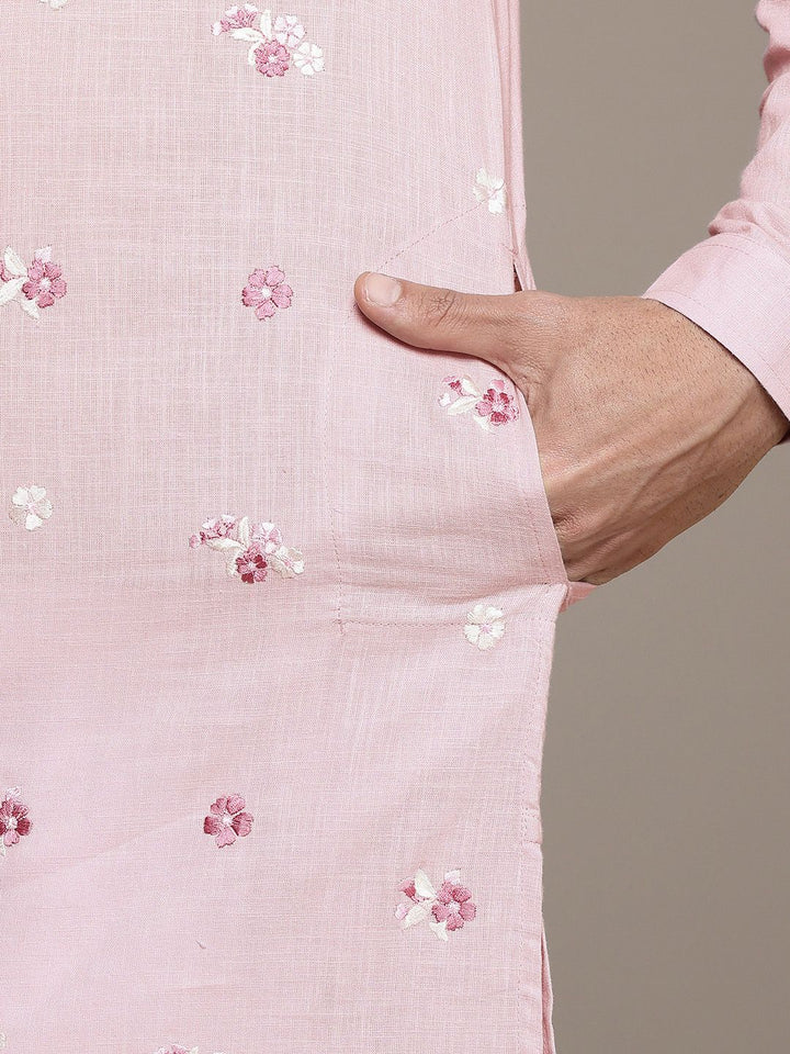 House of Pataudi Floral Embroidered Band Collar Pure Cotton Jashn Kurta