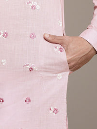 House of Pataudi Floral Embroidered Band Collar Pure Cotton Jashn Kurta