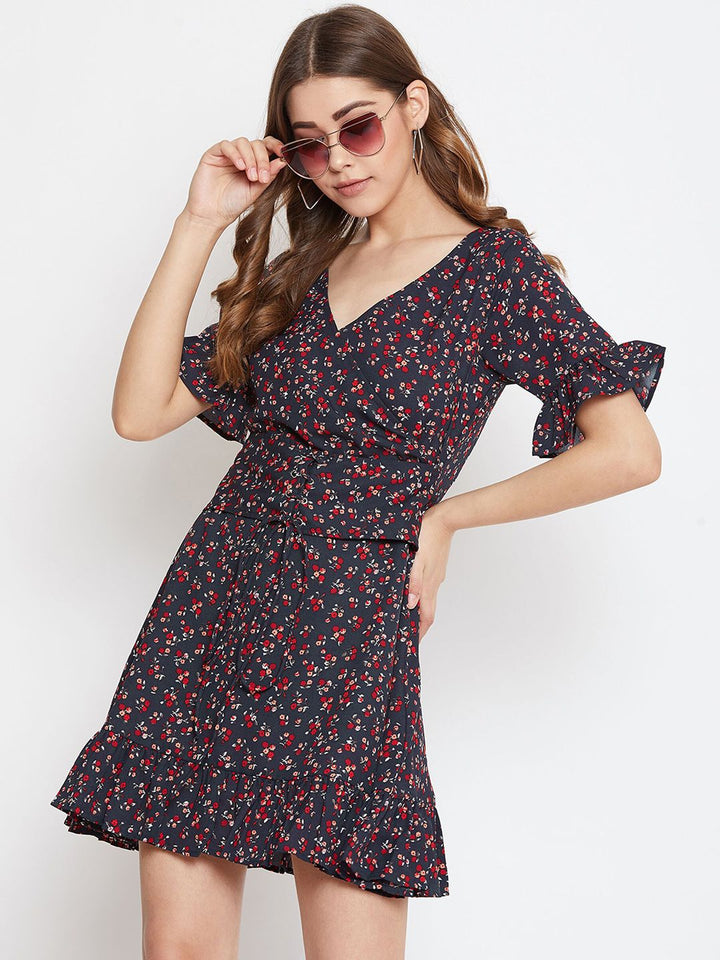 Berrylush Women Navy Blue & Red Micro Floral Printed Fit and Flare Dress