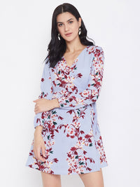 Berrylush Women Blue Printed Wrap Dress