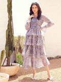 STREET 9 Floral Printed Puffed Sleeves Layered Georgette A-Line Maxi Dress