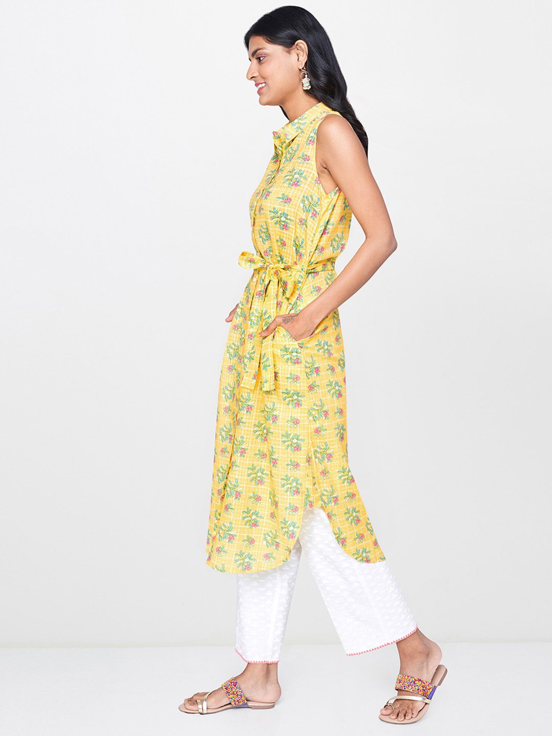 Global Desi Women Yellow & Green Printed Straight Kurta