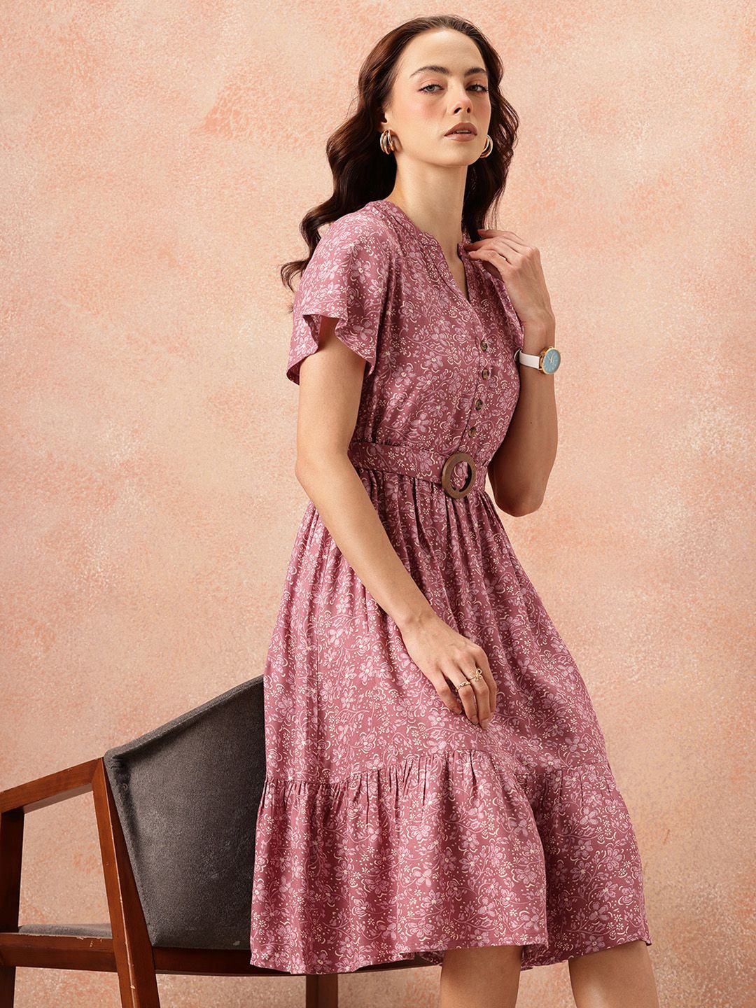 all about you Floral Print Flutter Sleeves A-Line Midi Dress with Belt