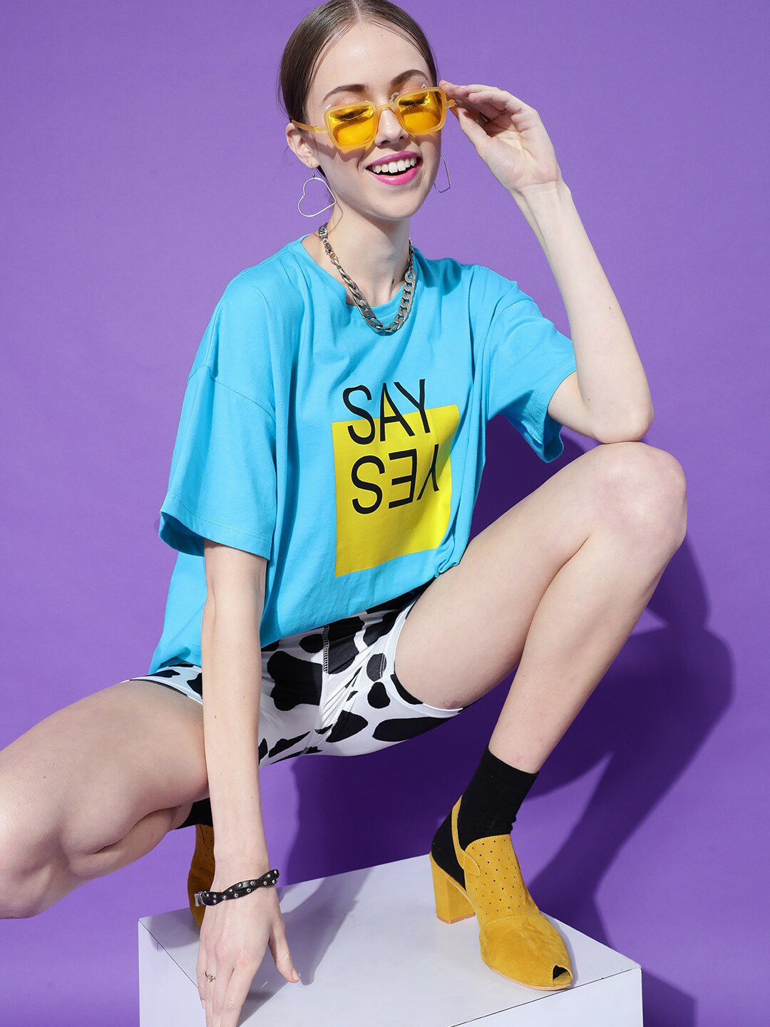 STREET 9 Women Turquoise Blue Printed Drop-Shoulder Pure Cotton T-shirt