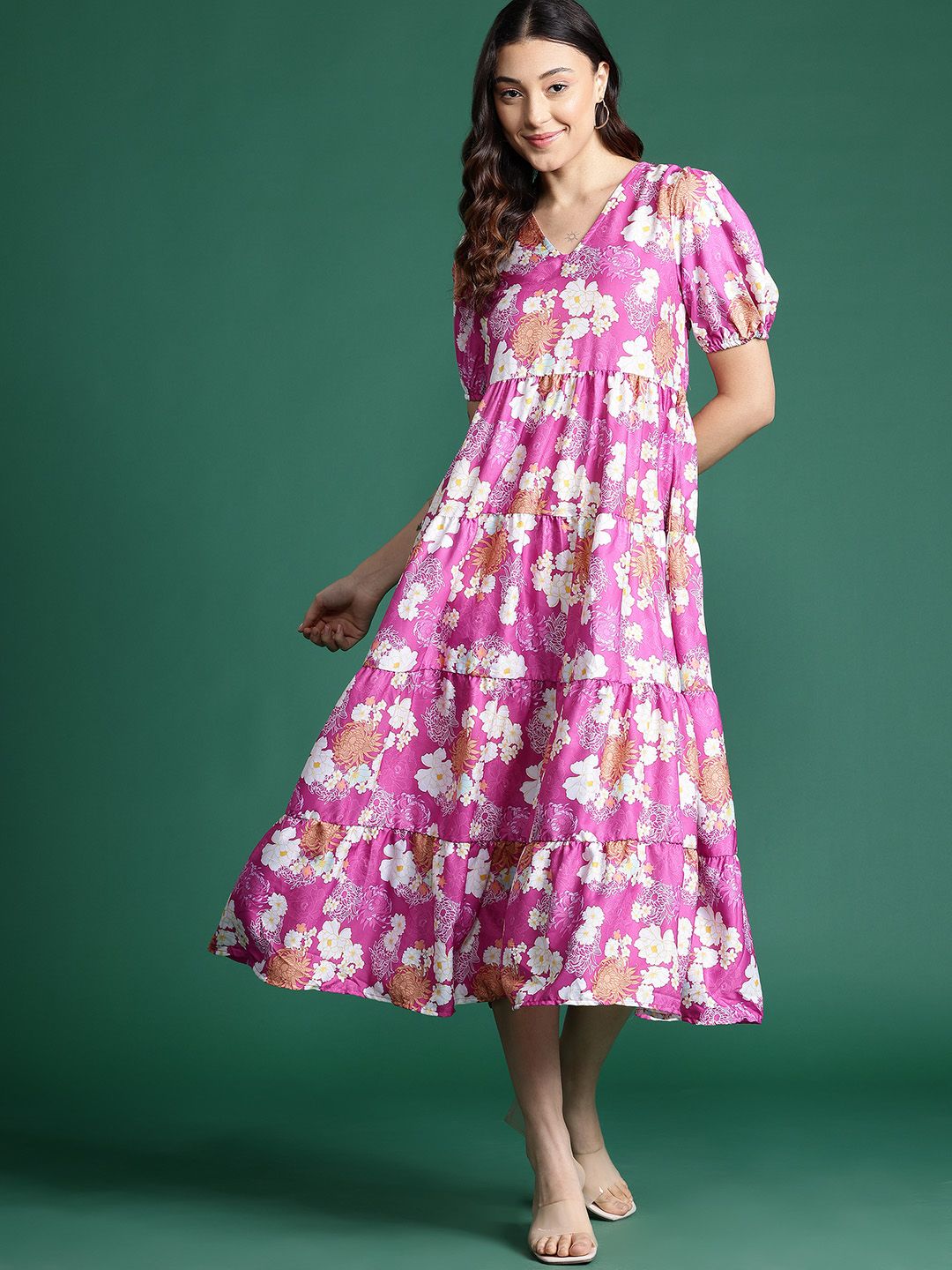 DressBerry Floral Print Puff Sleeve Tiered Midi Dress