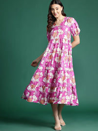 DressBerry Floral Print Puff Sleeve Tiered Midi Dress