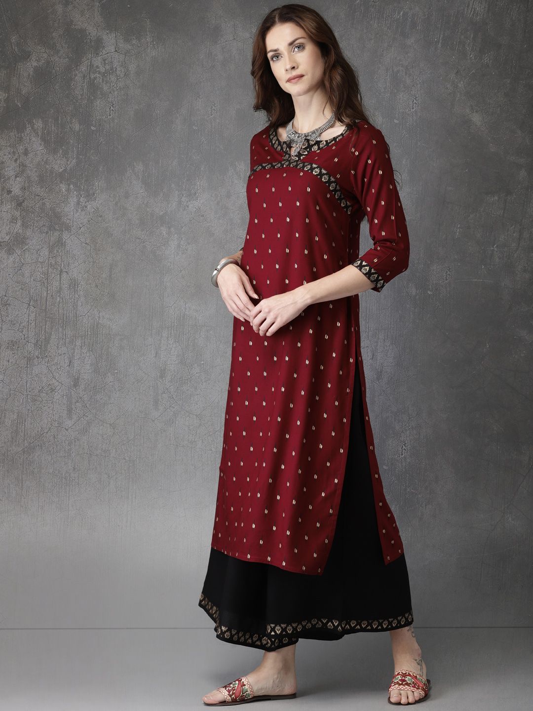 Anouk Women Maroon & Black Printed Kurta with Palazzos