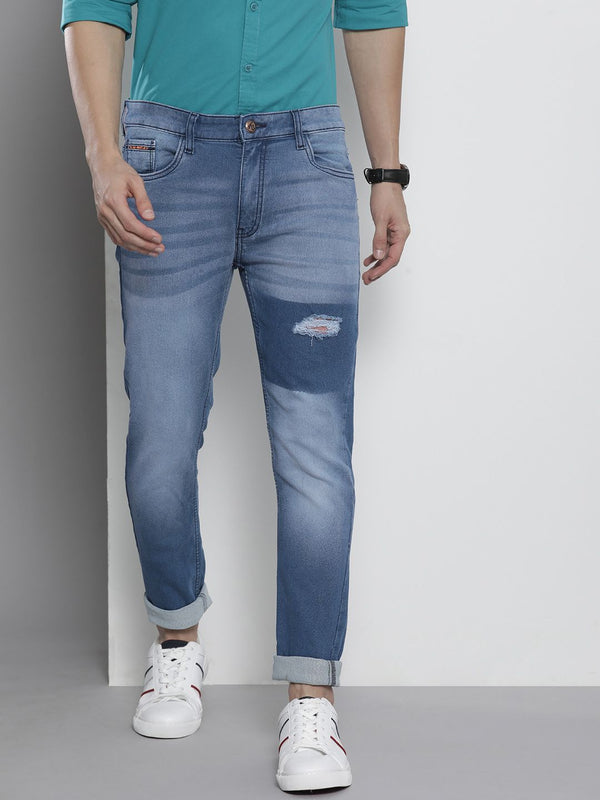 The Indian Garage Co Men Blue Slim Fit Mildly Distressed Light Fade Stretchable Jeans