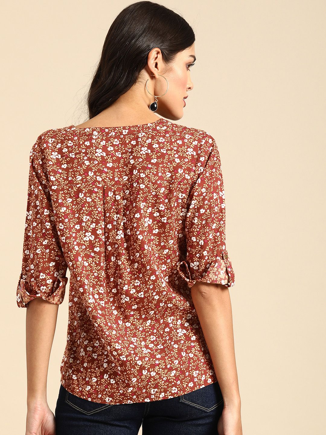 all about you Rust Floral Printed Roll-Up Sleeves Top