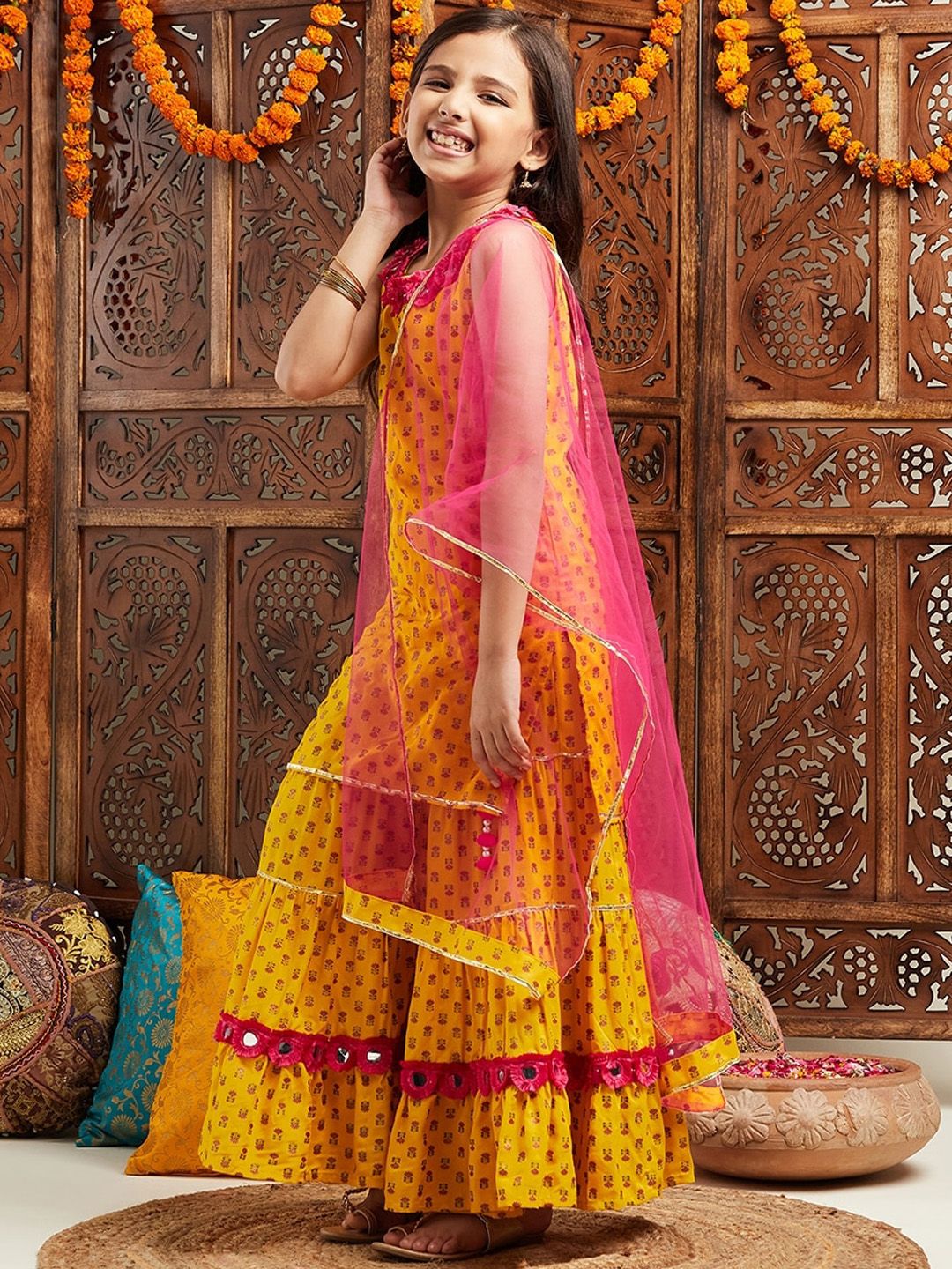 pspeaches Girls Ethnic Motifs Printed Regular Mirror Work Kurta With Sharara & Dupatta