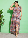 SASSAFRAS Curve Plus Size Brown Ethnic Motifs Print V-Neck Maxi Dress