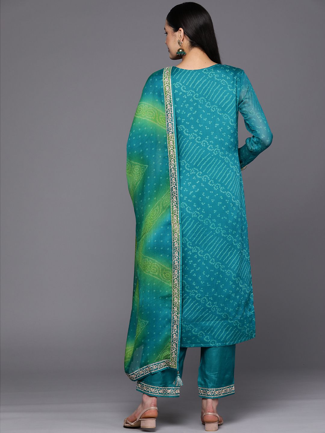 Libas Women Turquoise Blue Bandhani Printed Kurta with Trousers & With Dupatta