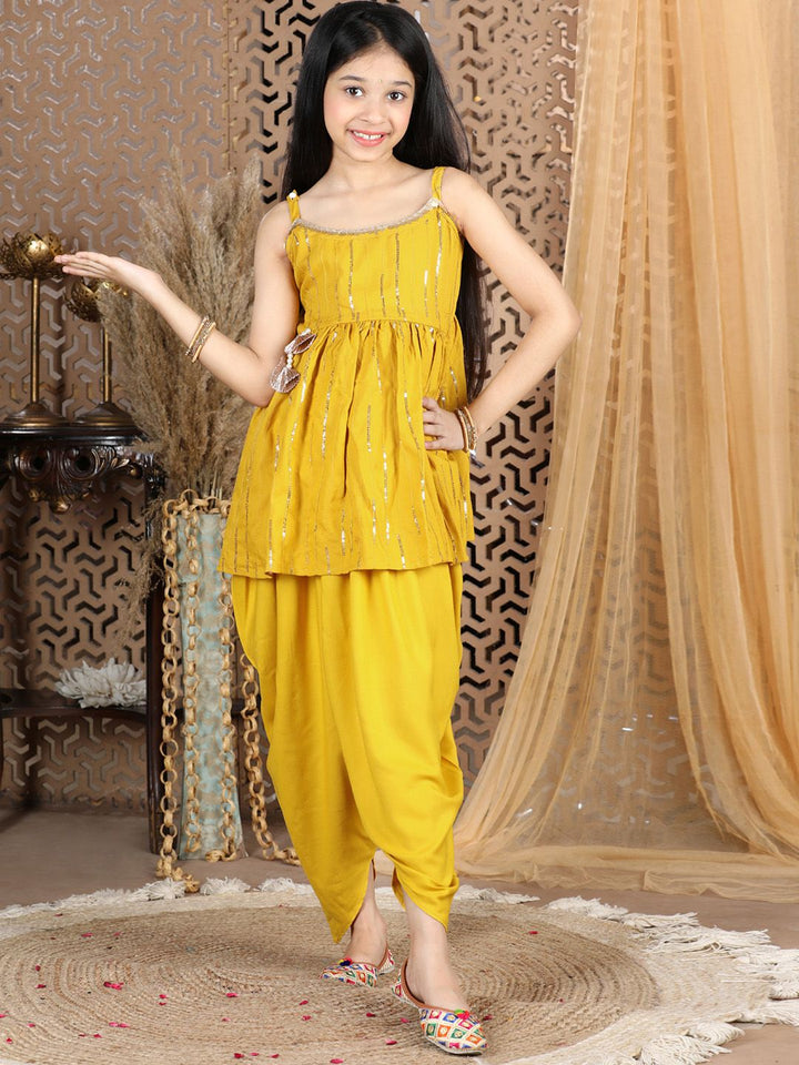 Cutiekins Girls Mustard Yellow Sequinned Peplum Top with Dhoti Pants