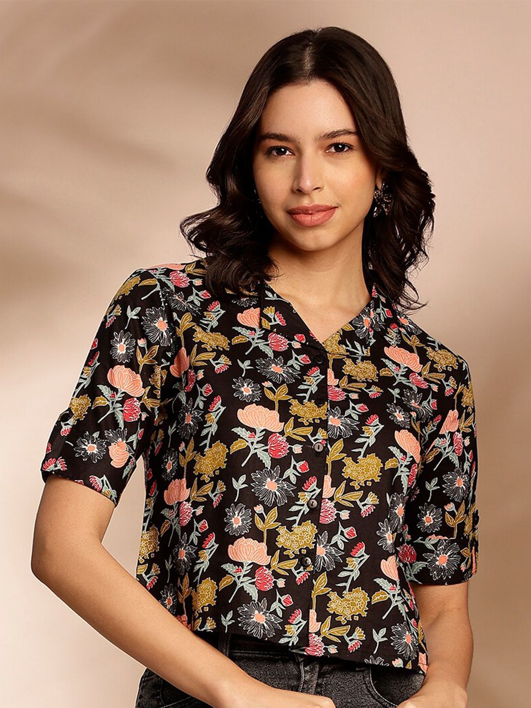 Anouk Floral Printed Shirt Collar Cotton Crop Top