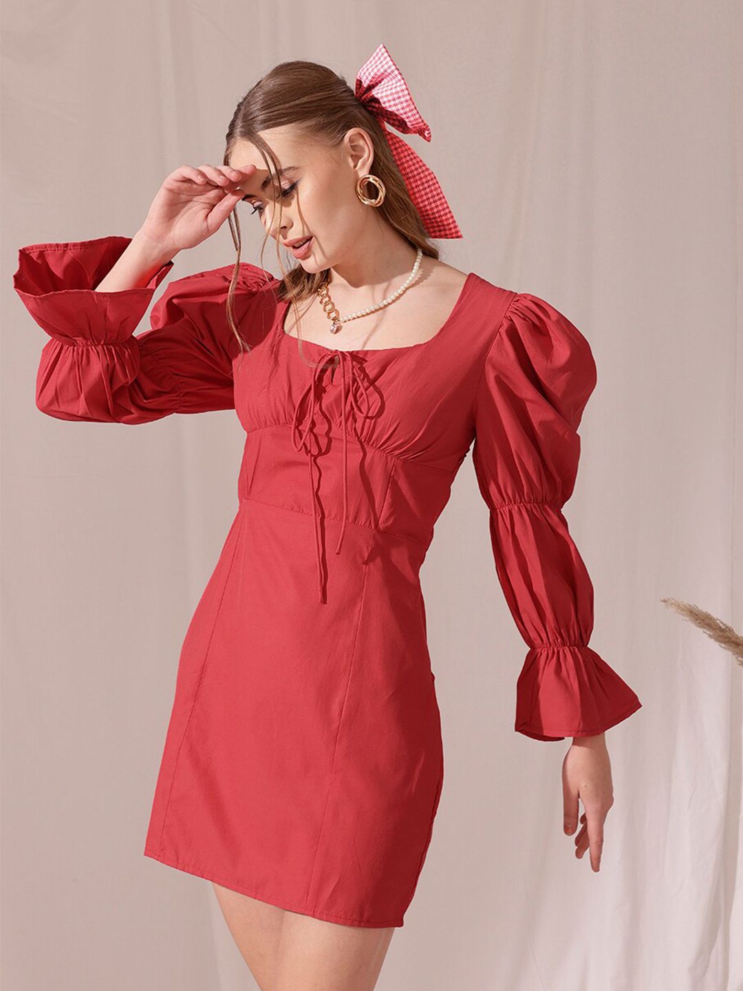 STREET 9 Tie Up Neck Puff Sleeve Pure Cotton Blouson Midi Dress