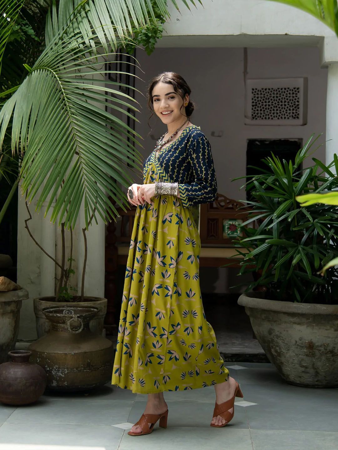 Rustorange Olive Green Floral Maxi Dress