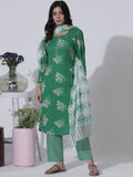 W Floral Printed Regular Mirror Work Straight Kurta with Trousers & With Dupatta