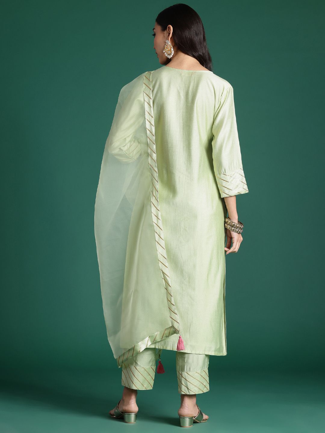 Indo Era Floral Embroidered Thread Work Kurta With Trousers & Dupatta