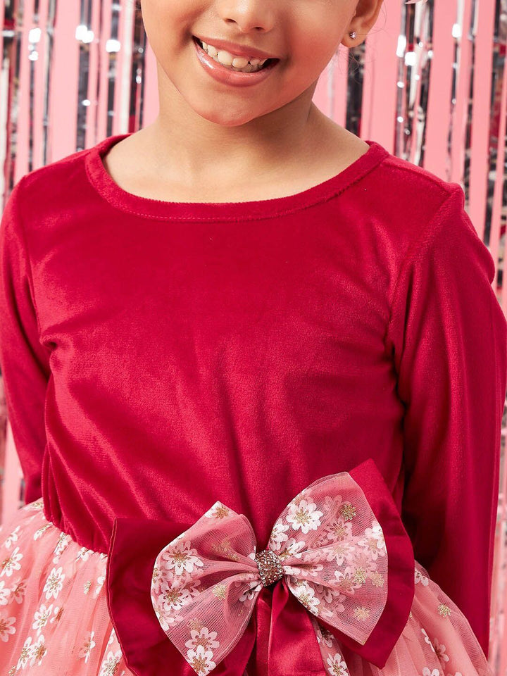 pspeaches Girls Floral Printed Velvet Fit and Flare Dress