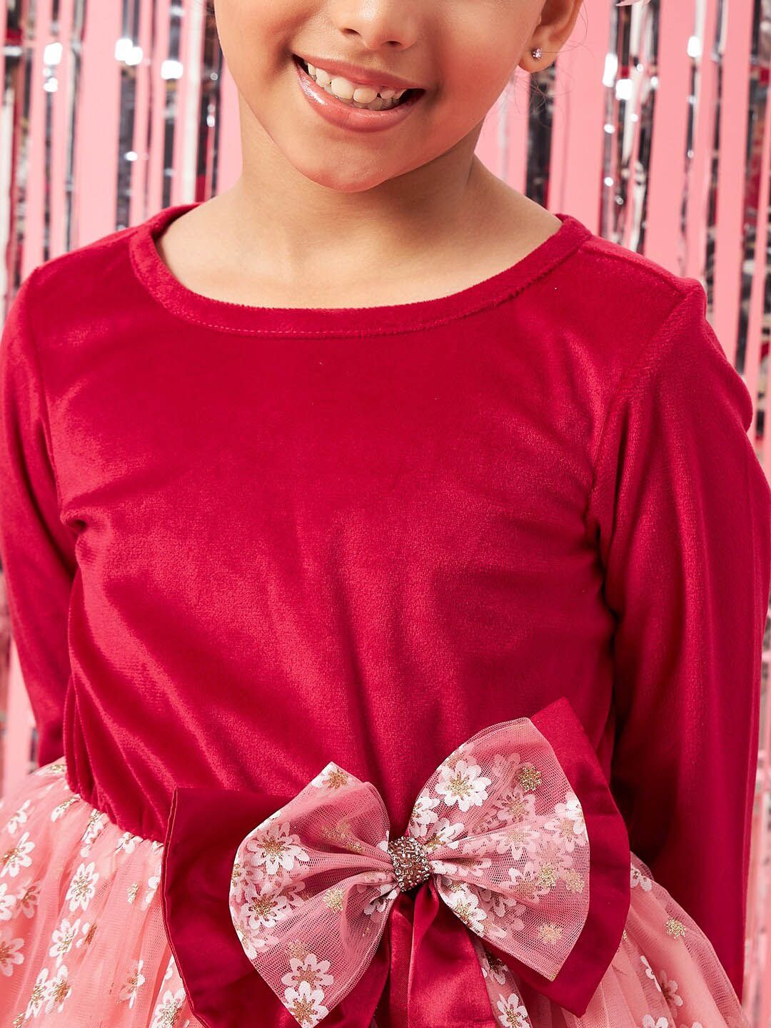 pspeaches Girls Floral Printed Velvet Fit and Flare Dress