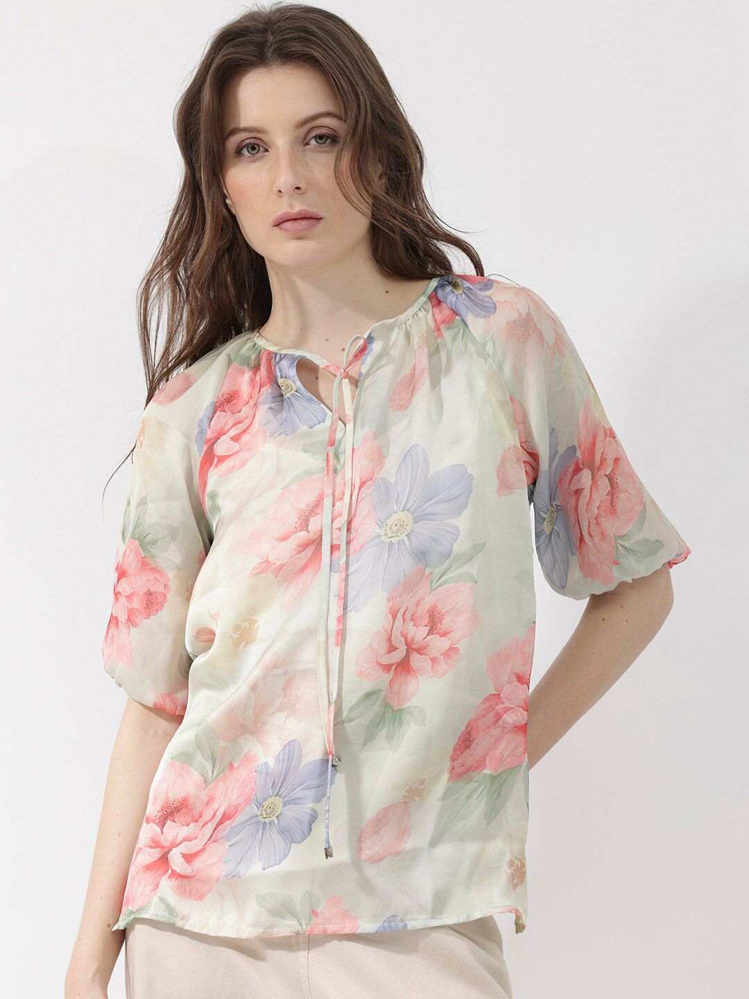 RAREISM Floral Print Tie-Up Neck Top