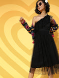 Athena Women Stylish Black Self-Design One-Shoulder Dress