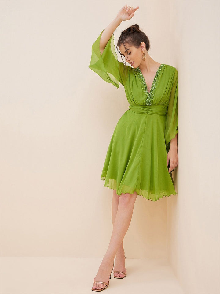 Antheaa Embelllished V-Neck Flared Sleeves Fit & Flare Dress