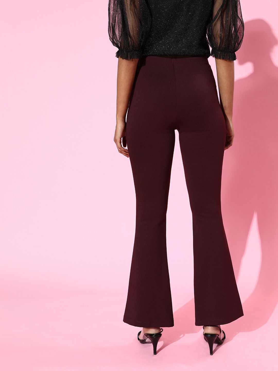 SASSAFRAS Women Burgundy High-Rise Graduated Flare Trousers