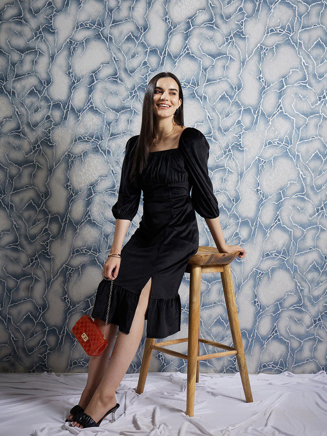 Athena Black Square Neck Puff Sleeves Gathered Detailed Midi Sheath Dress