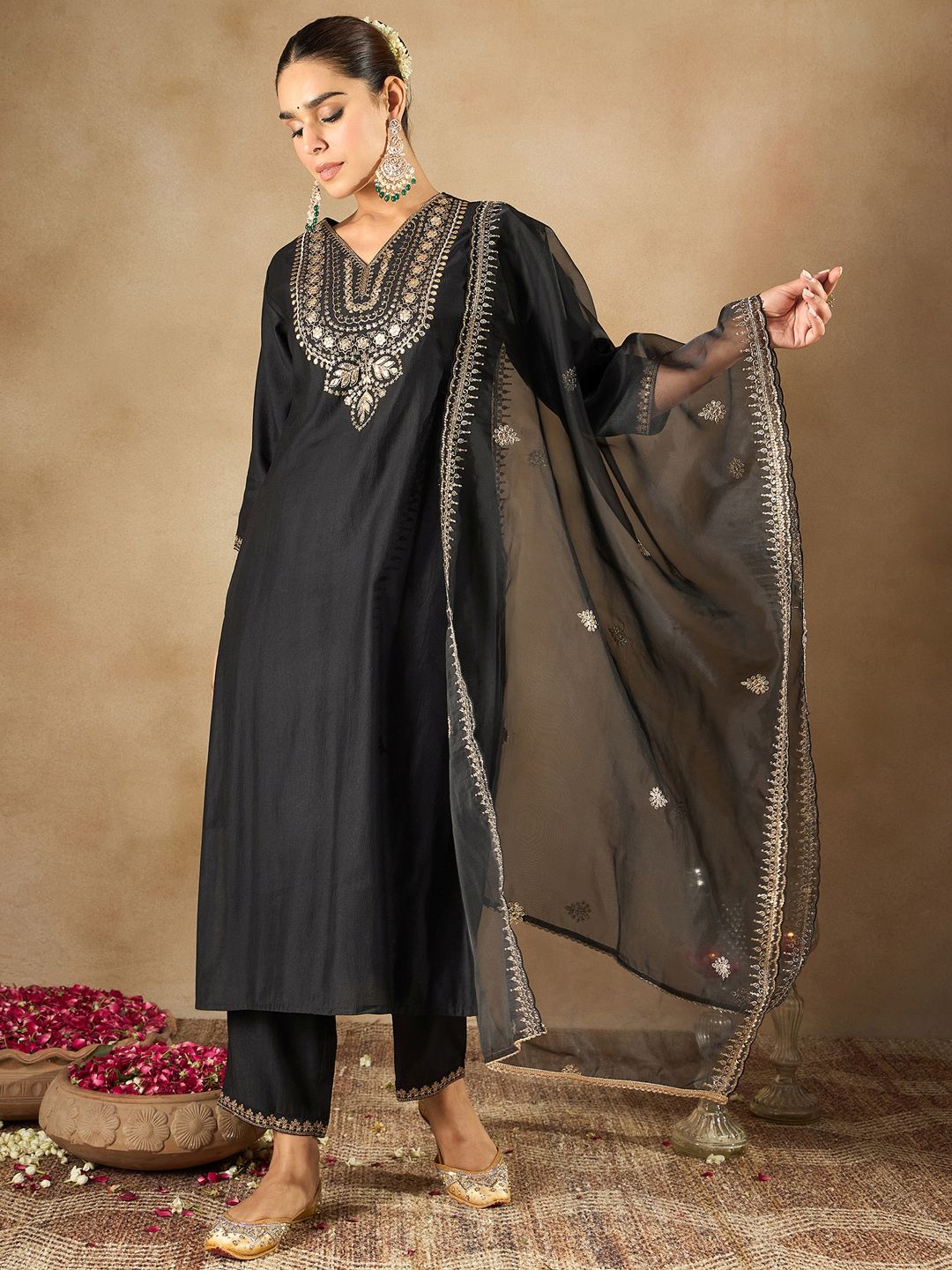 Indo Era Women Ethnic Motifs Embroidered Regular Liva Kurta with Trousers & With Dupatta