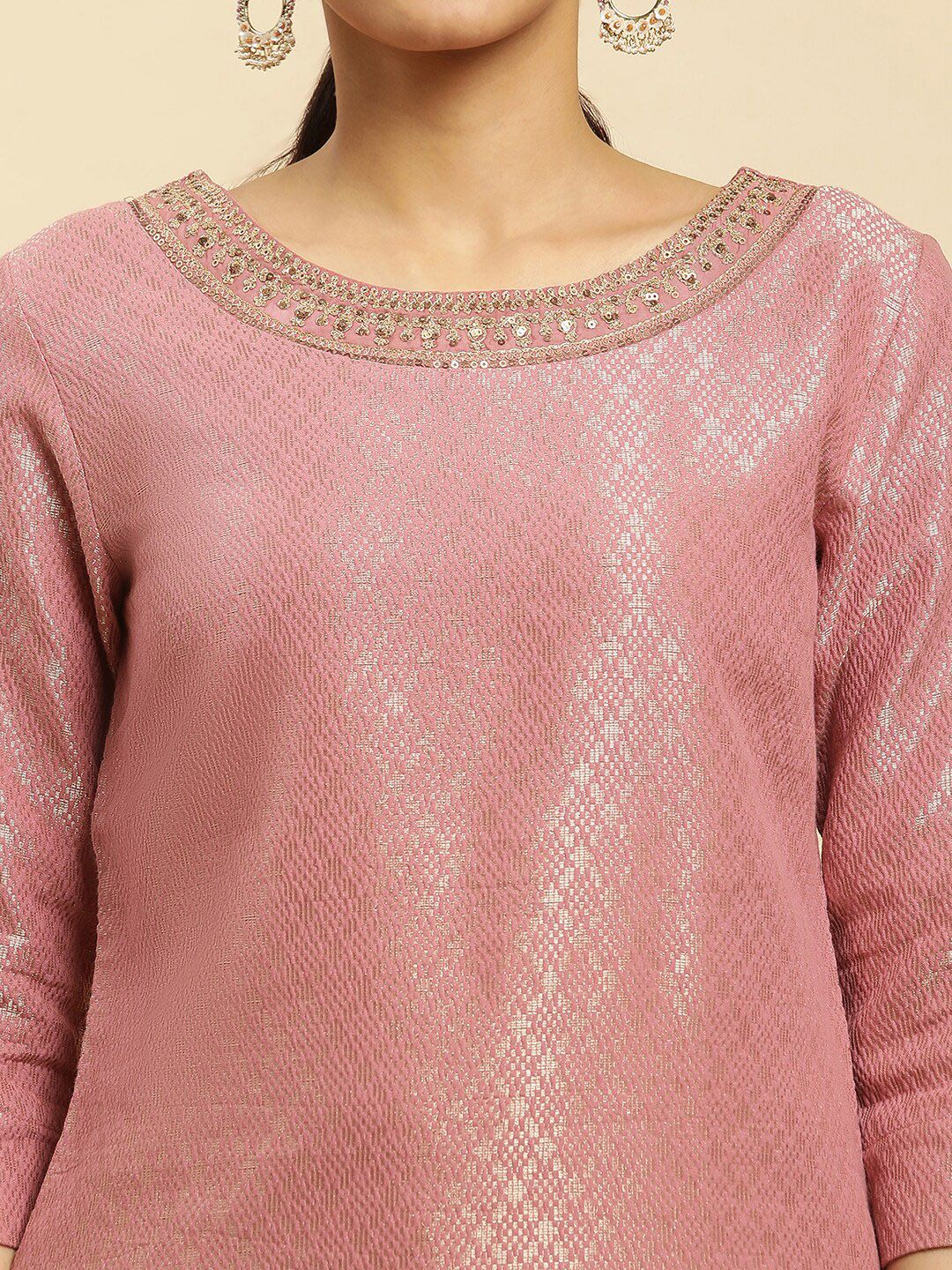W Pink Woven Design Sequinned Straight Kurta