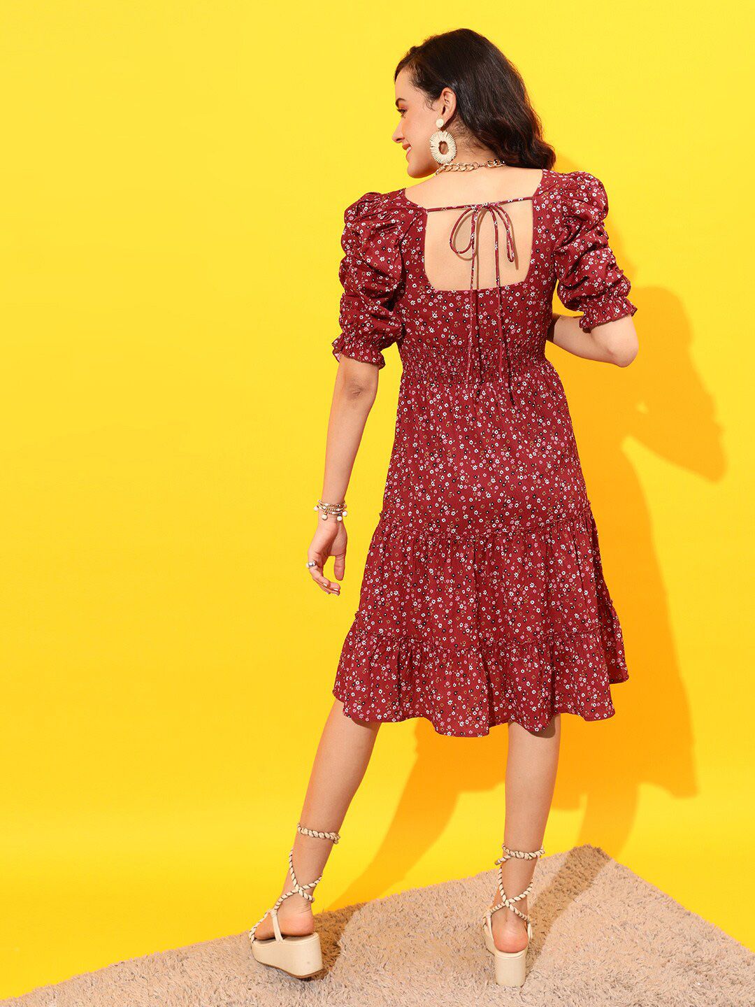 STREET 9 Puff Sleeves Tiered Georgette A-Line Dress