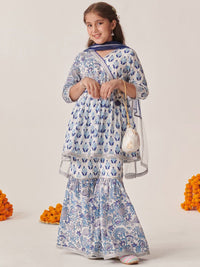 pspeaches Girls Ethnic Motifs Printed Regular Kurta with Sharara & Dupatta