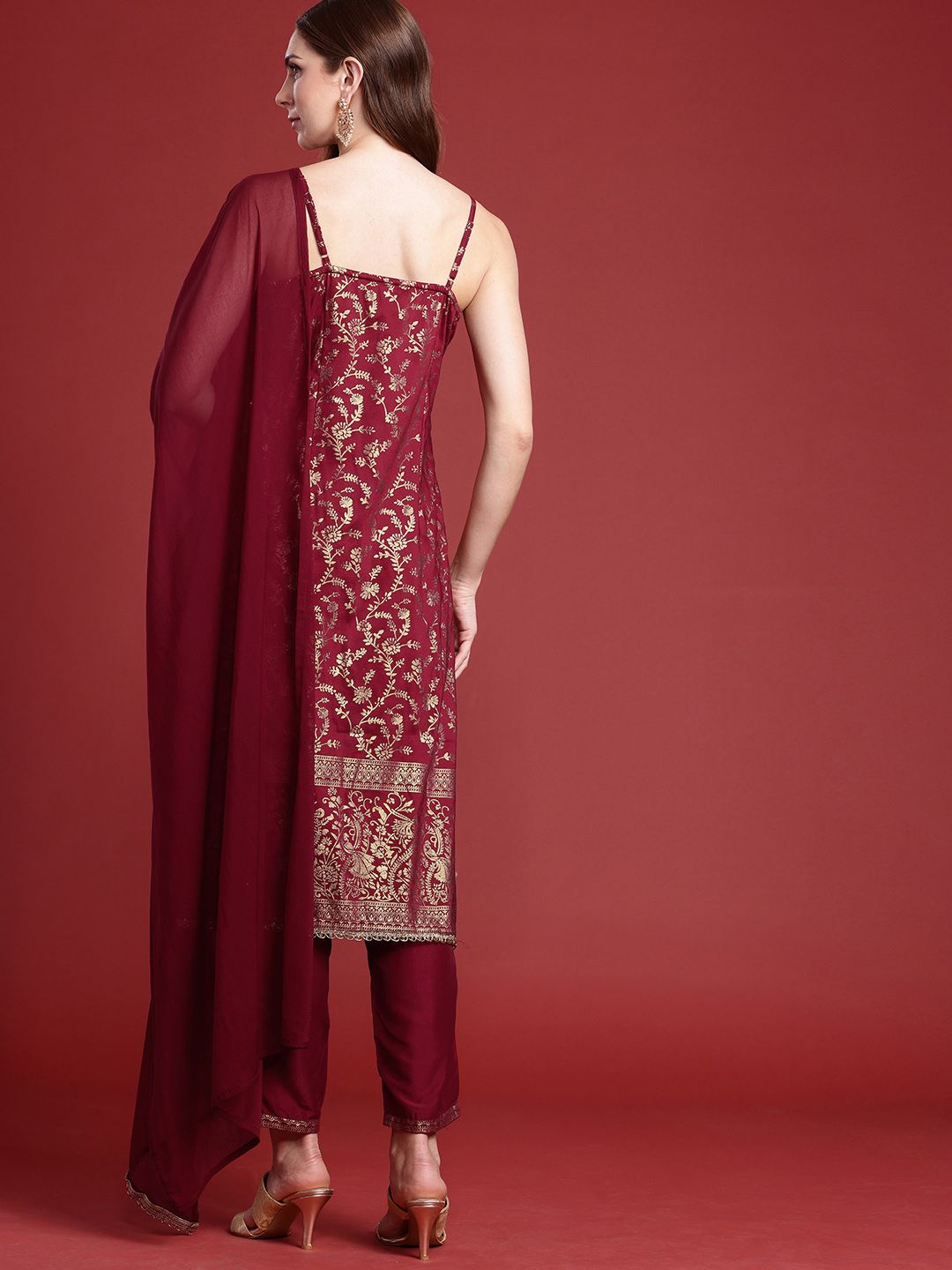 Anouk Indie Floral Printed Shoulder Straps Kurta With Trousers & With Dupatta