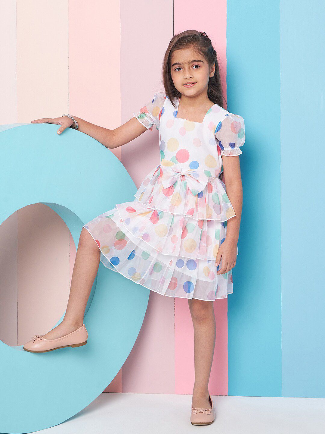pspeaches Girls Geometric Printed Layered Fit & Flare Dress