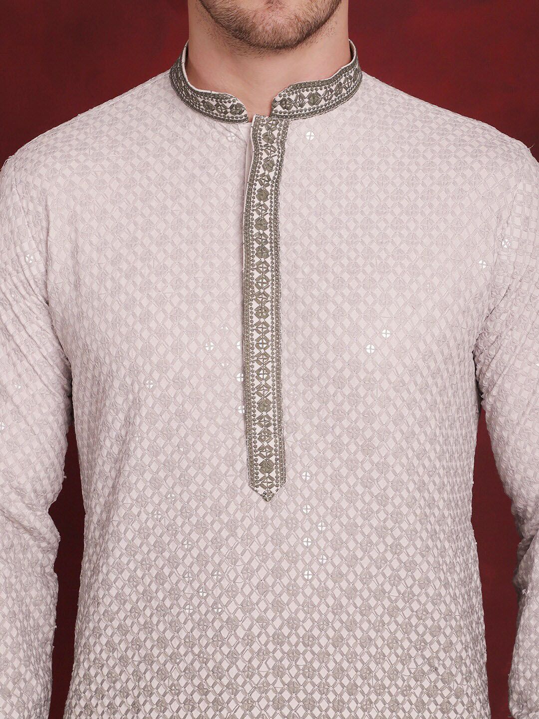 Jompers Geometric Embroidered Mandarin Collar Sequinned Straight Kurta