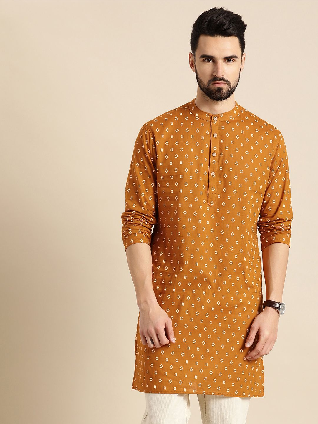 Anouk Men Mustard Yellow & White Geometric Printed Kurta
