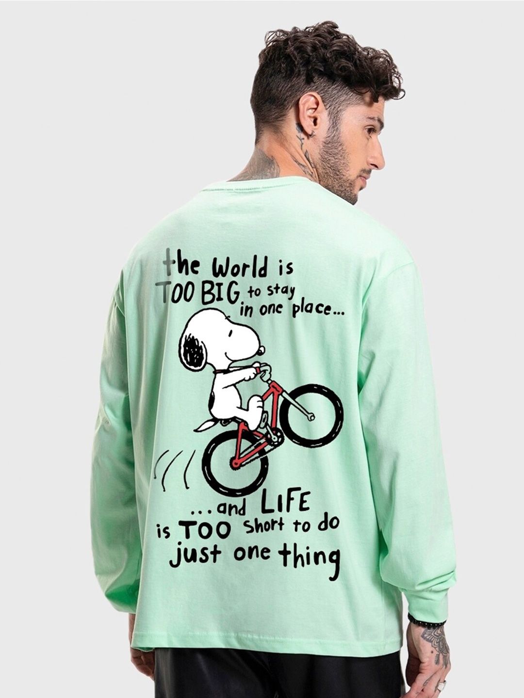 Bewakoof Green Graphic Printed Long Sleeves Pure Cotton Oversized T-Shirt