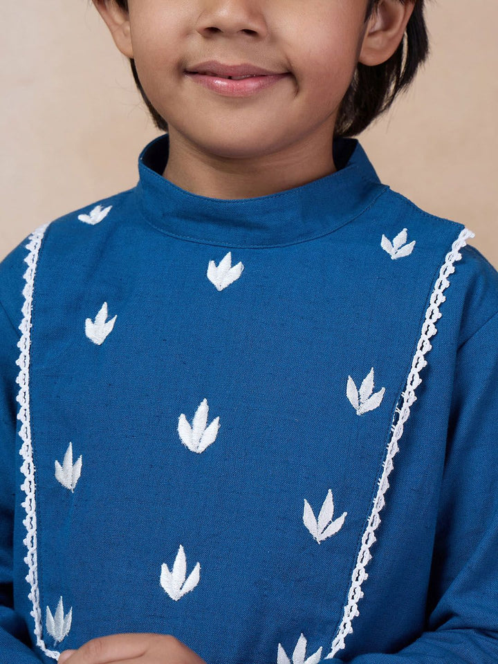 pspeaches Boys Mandarin Collar Floral Yoke Design Regular Thread Work Kurta with Dhoti Pants